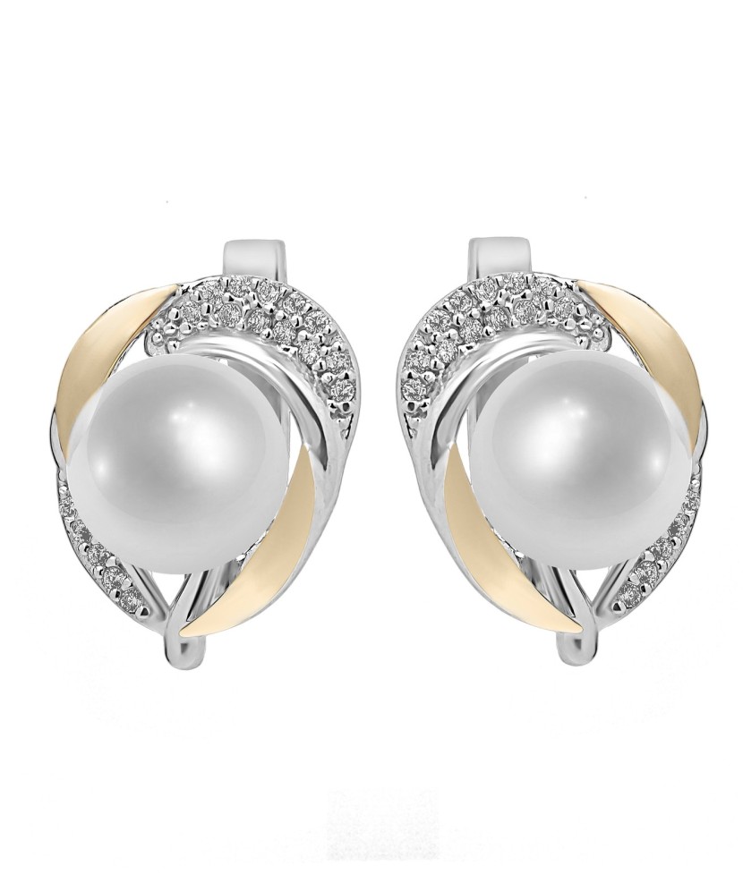 Sidabriniai auskarai su perlu ir cirkoniais dengti auksu - Auskarai su perlais - Goldinga