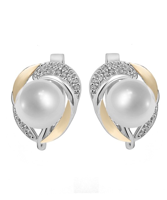 Sidabriniai auskarai su perlu ir cirkoniais dengti auksu - Auskarai su perlais - Goldinga
