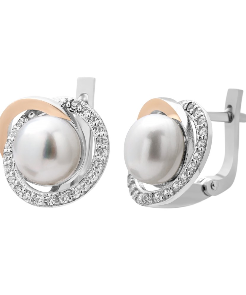 Sidabriniai auskarai su perlu ir cirkoniais dengti auksu - Auskarai su perlais - Goldinga