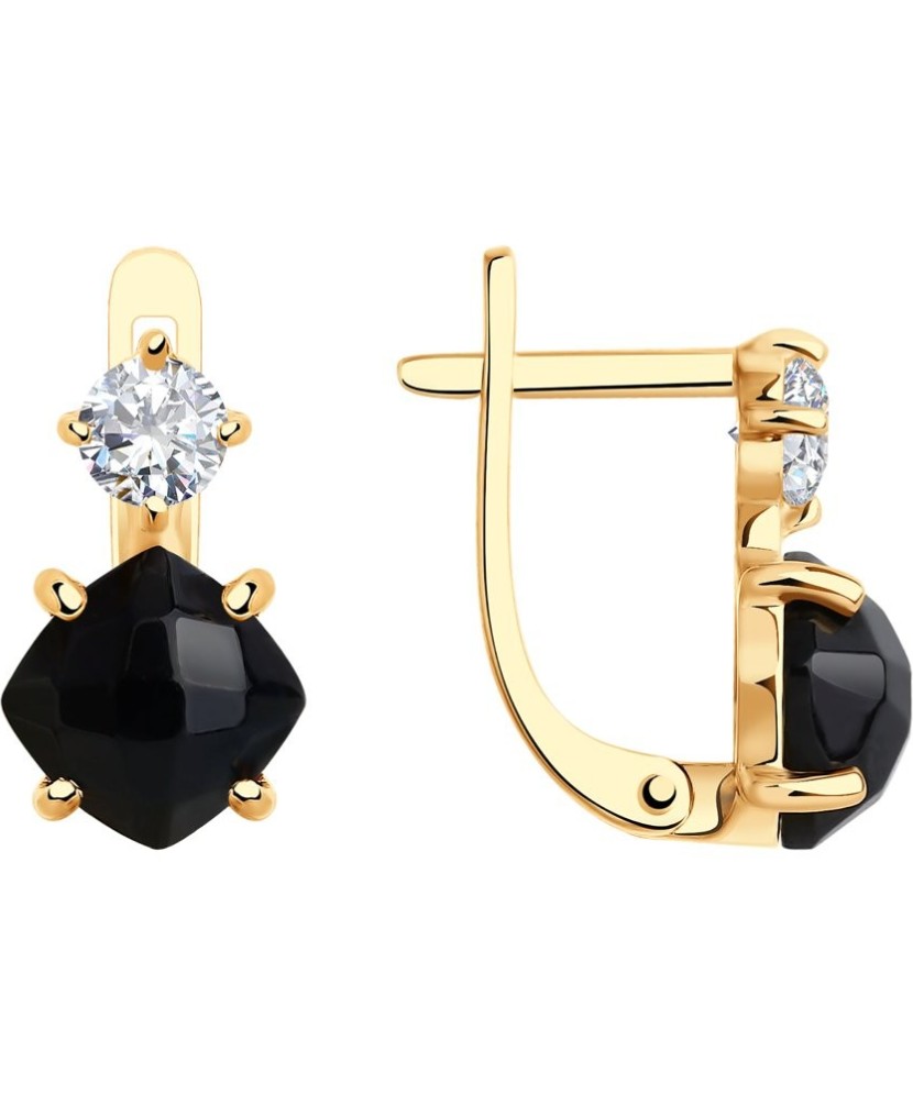 Auksiniai auskarai su juoduoju agatu ir cirkoniu - Auksiniai auskarai - Goldinga