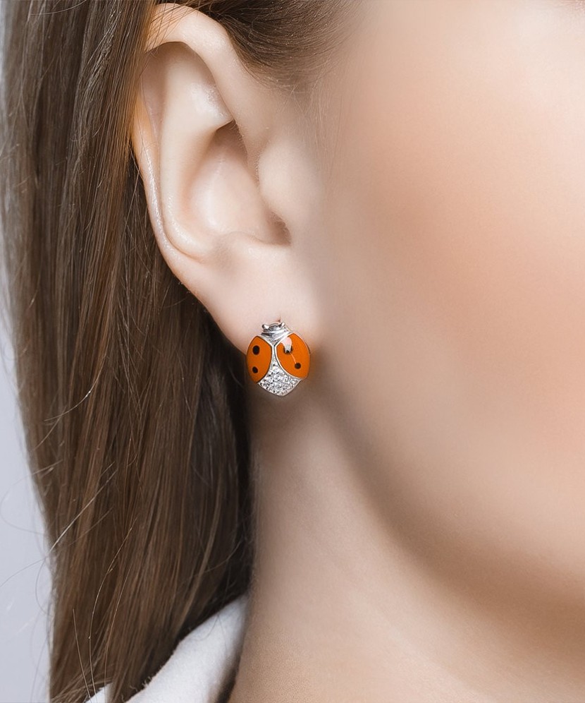 Sidabriniai auskarai su emale ir cirkoniais "Boružė" - Sidabriniai auskarai - Goldinga