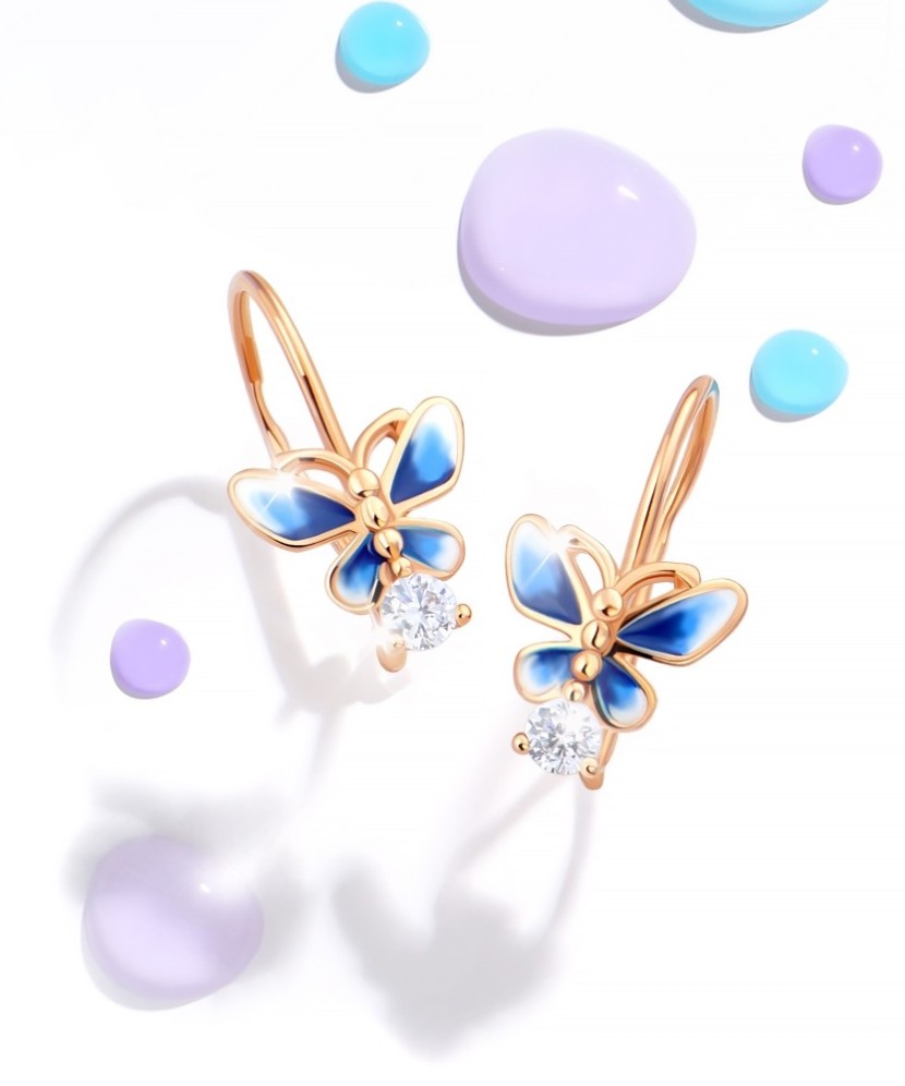 Kuldkõrvarõngad tsirkooni ja emailiga "Liblikas" - Kuldkõrvarõngad - Goldinga