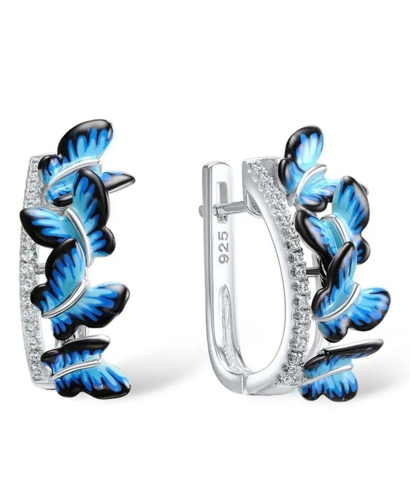 Серьги из серебра с цирконом и эмаль "Бабочки"