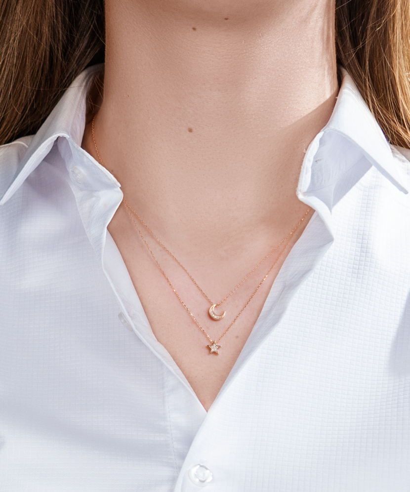 Золотая двойная цепочка с подвеской из циркона "Звезда ir Луна"