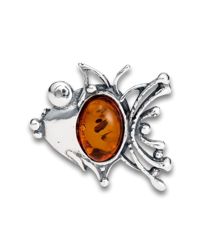 Серебряная брошь с янтарём