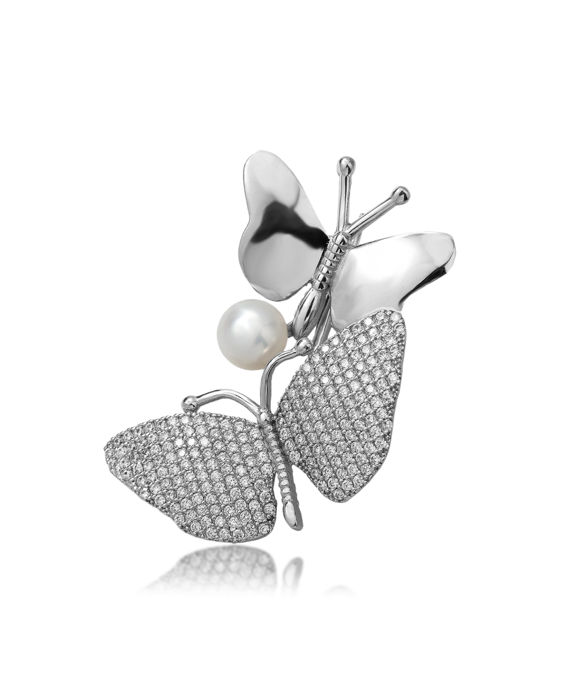 Серебряная брошь с жемчугом и цирконами