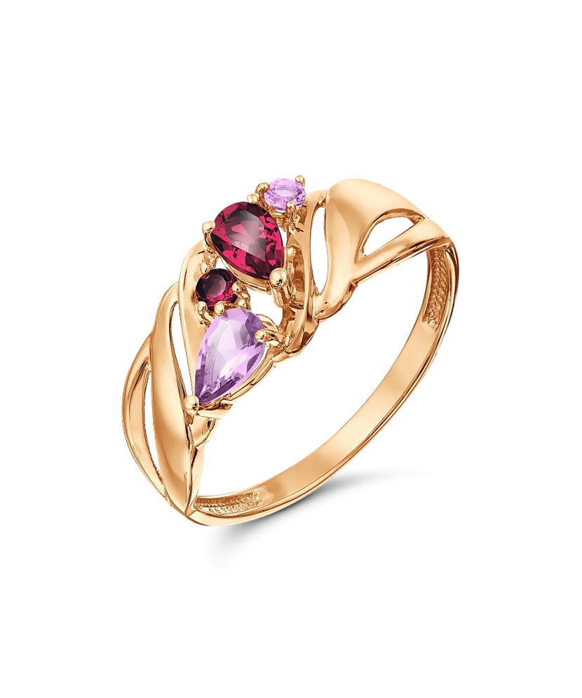 Золотое кольцо с родолитами и аметистами