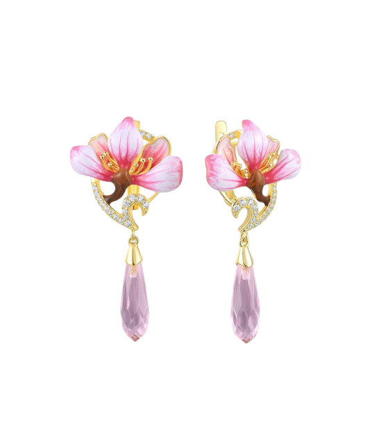 Серебряные позолоченные серьги с цирконом и эмаль