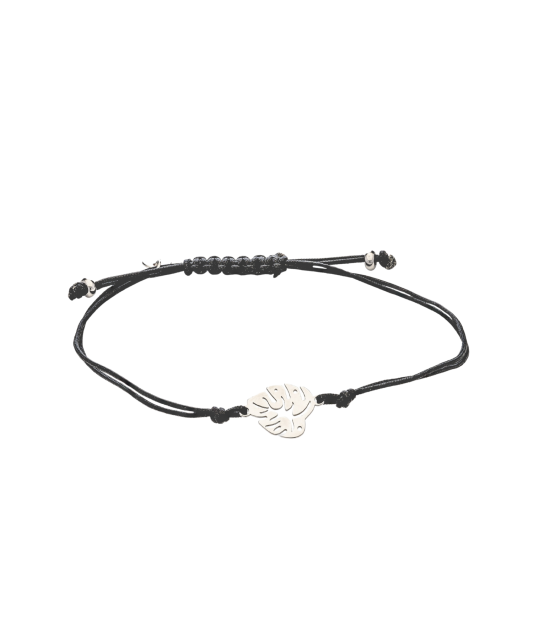 Браслет из чёрной нити с серебряной подвеской "Лист"