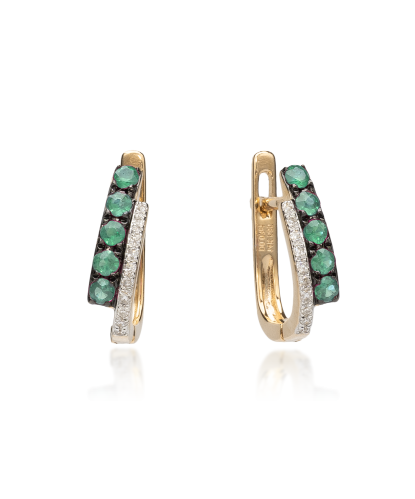 Серьги из желтого золота с бриллиантами и изумрудами