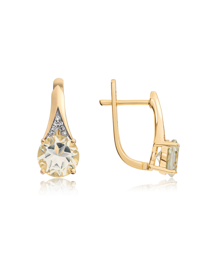 Kollasest kullast kõrvarõngad teemantide ja rohelise ametüstiga