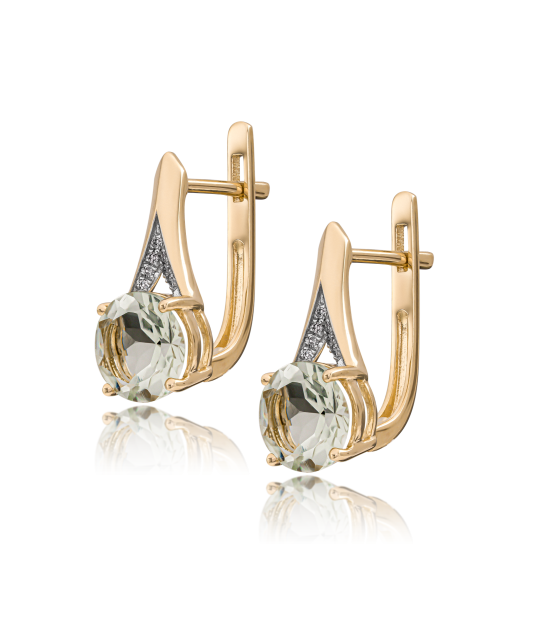 Kollasest kullast kõrvarõngad teemantide ja rohelise ametüstiga