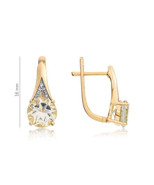 Kollasest kullast kõrvarõngad teemantide ja rohelise ametüstiga