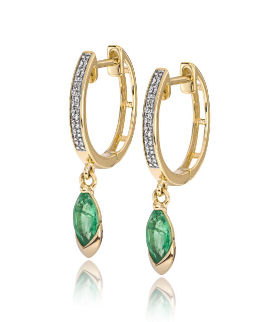 Kollasest kullast kõrvarõngad teemantide ja smaragdidega