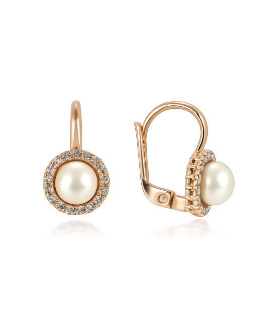 Золотые серьги с жемчугом и цирконами