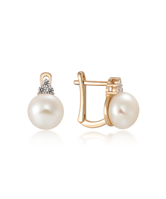 Золотые серьги с жемчугом и цирконами