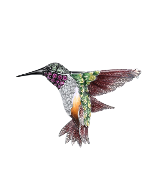 Kullatud hõbedane pross nano-rubiinide, emaili ja tsirkoonidega