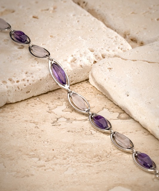 Hõbedast käevõru ametüstide ja roosa kvartsiga