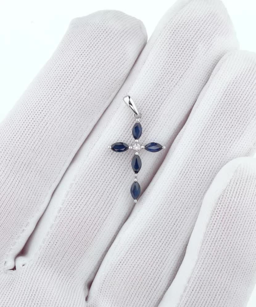 Подвеска из белого золота с бриллиантами и сапфирами "Крест"