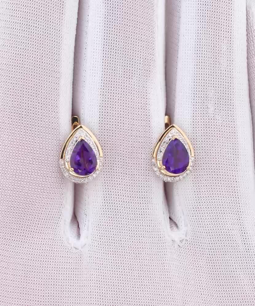 Kollasest kullast kõrvarõngad teemantide ja ametüstidega