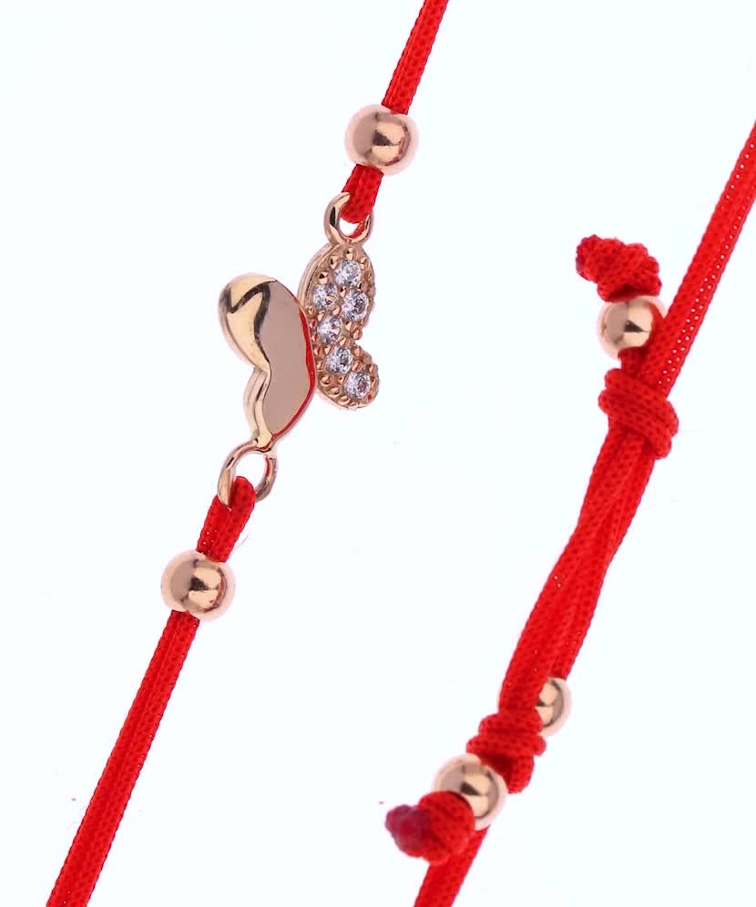 Браслет из красной нити с серебром и ониксом"Бабочка"