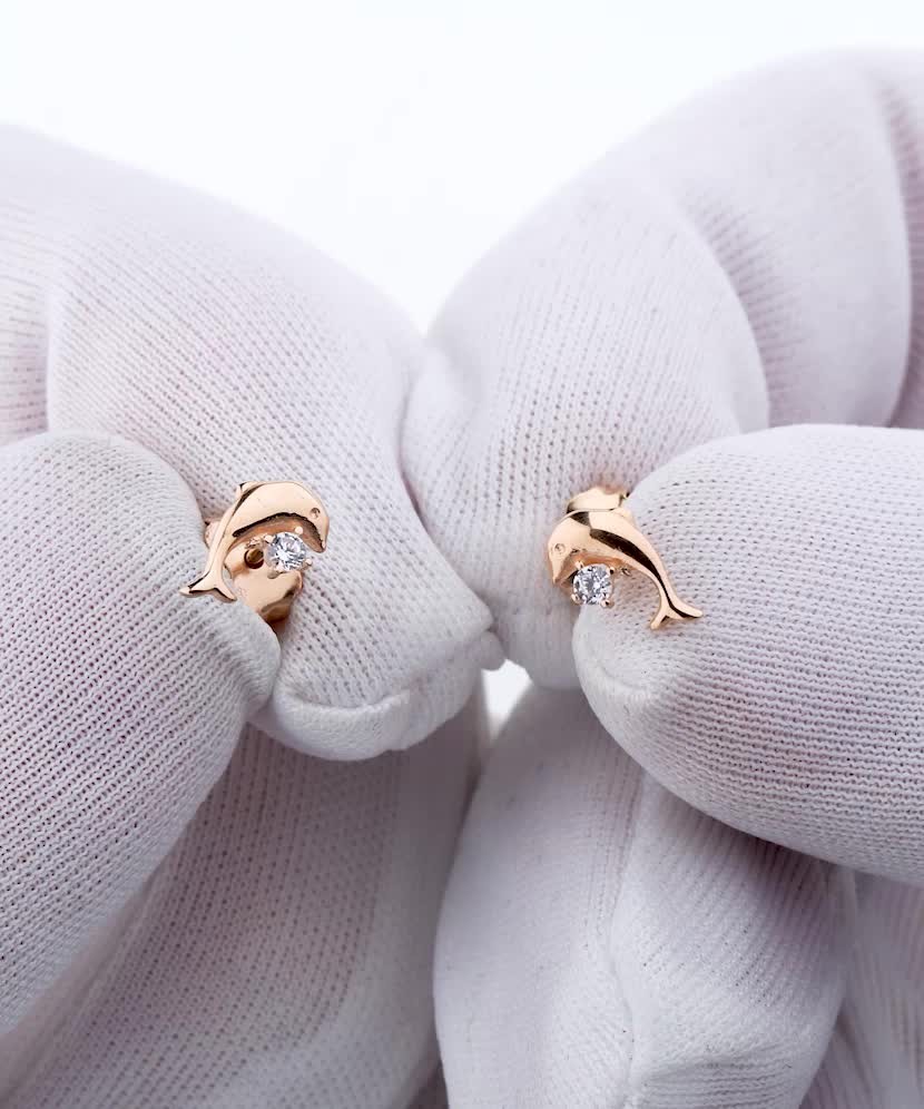 Золотые серьги с цирконами "Дельфин"